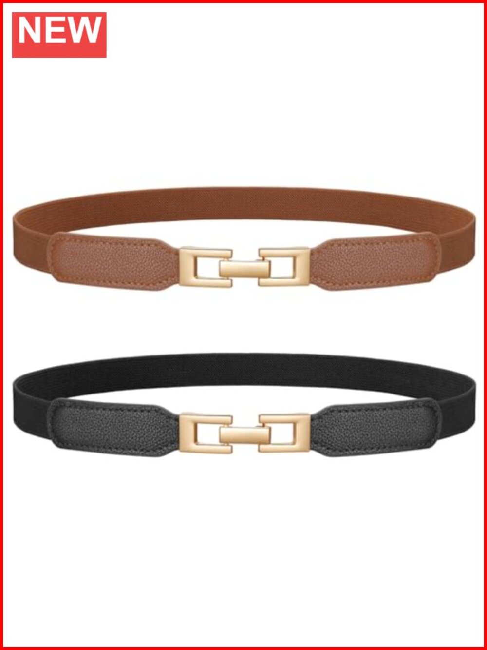 Women's Elastic Skinny Stretch Belts 2 Pack Thin Waist Belt Gold Buckle
